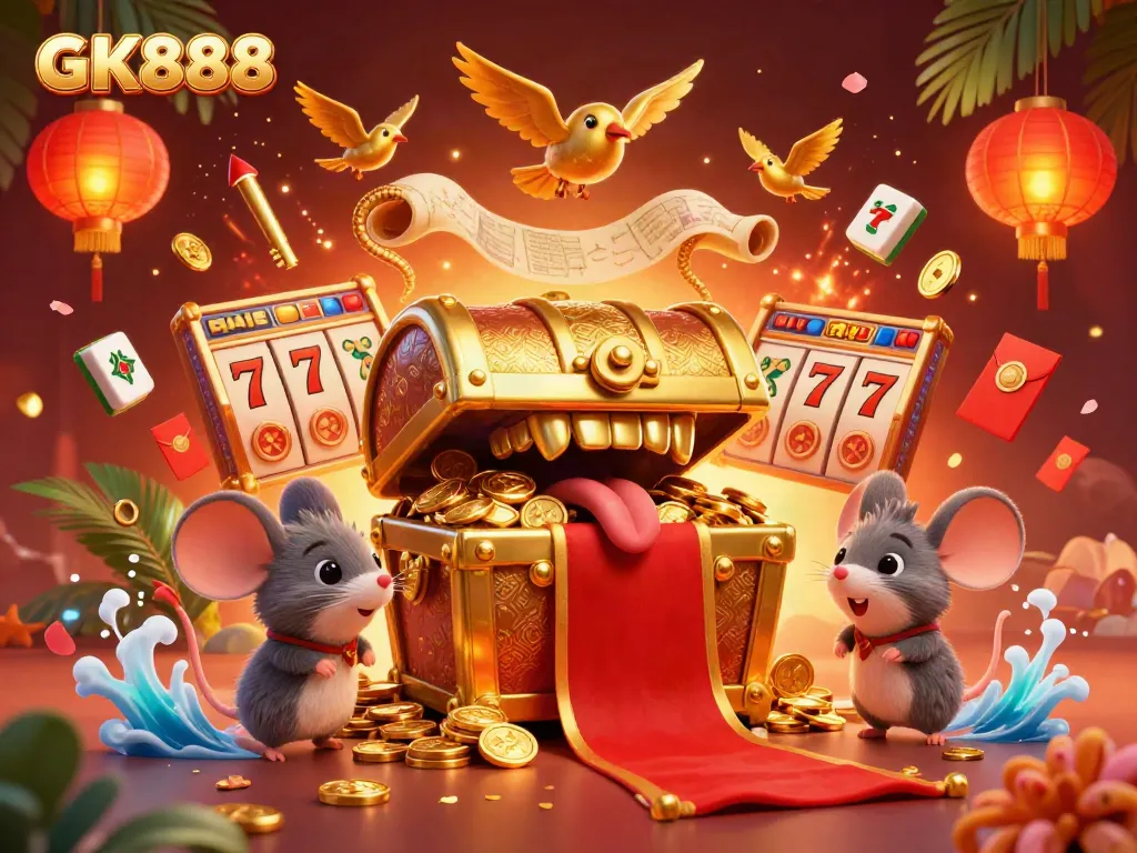 Engage with GK888's thrilling casino adventures as treasure chests allure players with vibrant game elements.