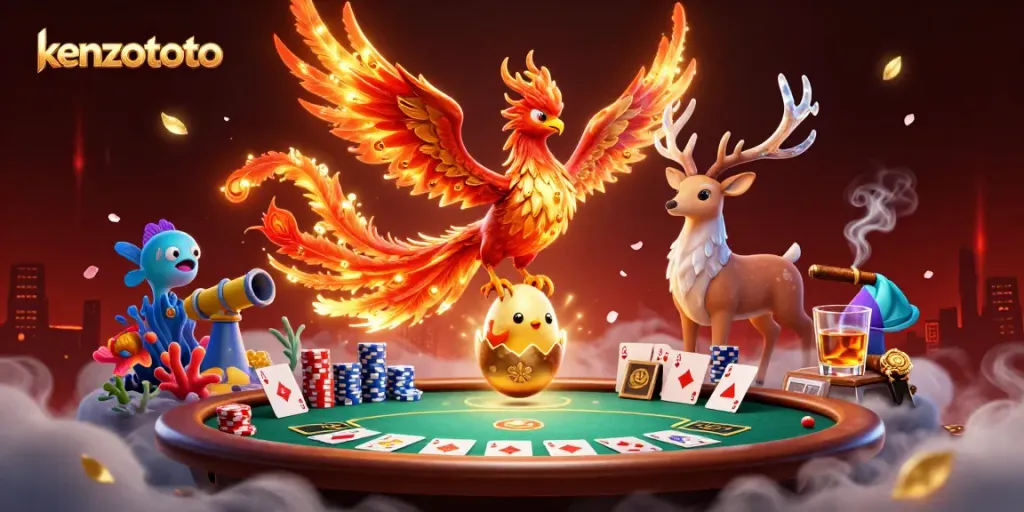 Kenzototo fish shooting game scene with phoenix characters and poker elements