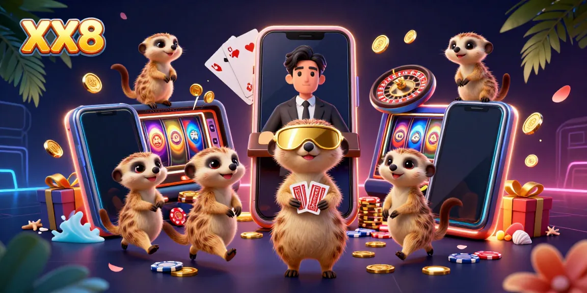 Engage with the dynamic XX8 casino scene featuring meerkats in action with vibrant gaming elements.