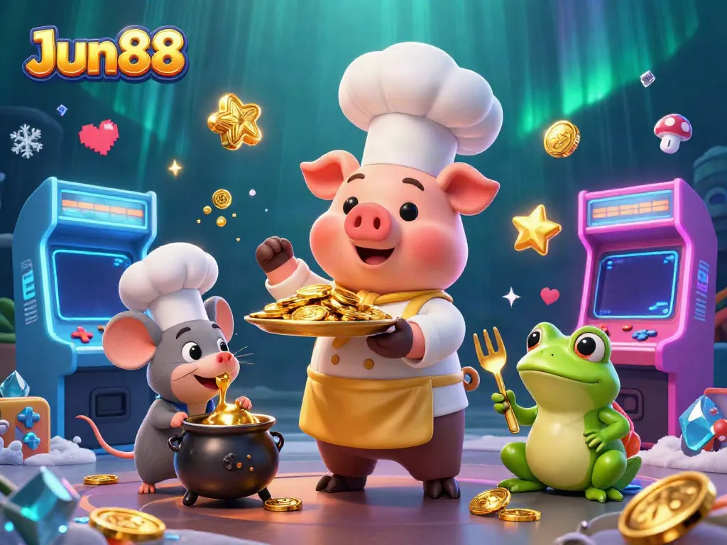 Engage in exciting gameplay at Jun88, where a chef pig serves gold coins amidst vibrant casino elements.