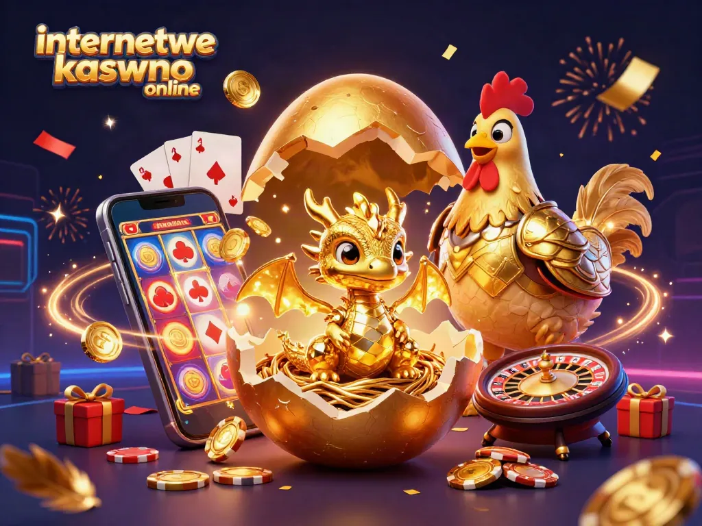 Engaging scene of internetowe kasyno online unfolds with a golden baby dragon on poker chips, celebrating among slot machines and confetti.