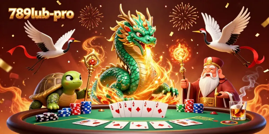 Experience the thrill at 789lub-pro with a majestic dragon and poker scene.