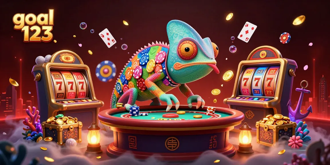 Spin to win with goal 123 in an exciting casino scene filled with vibrant slot elements and a chameleon mascot.