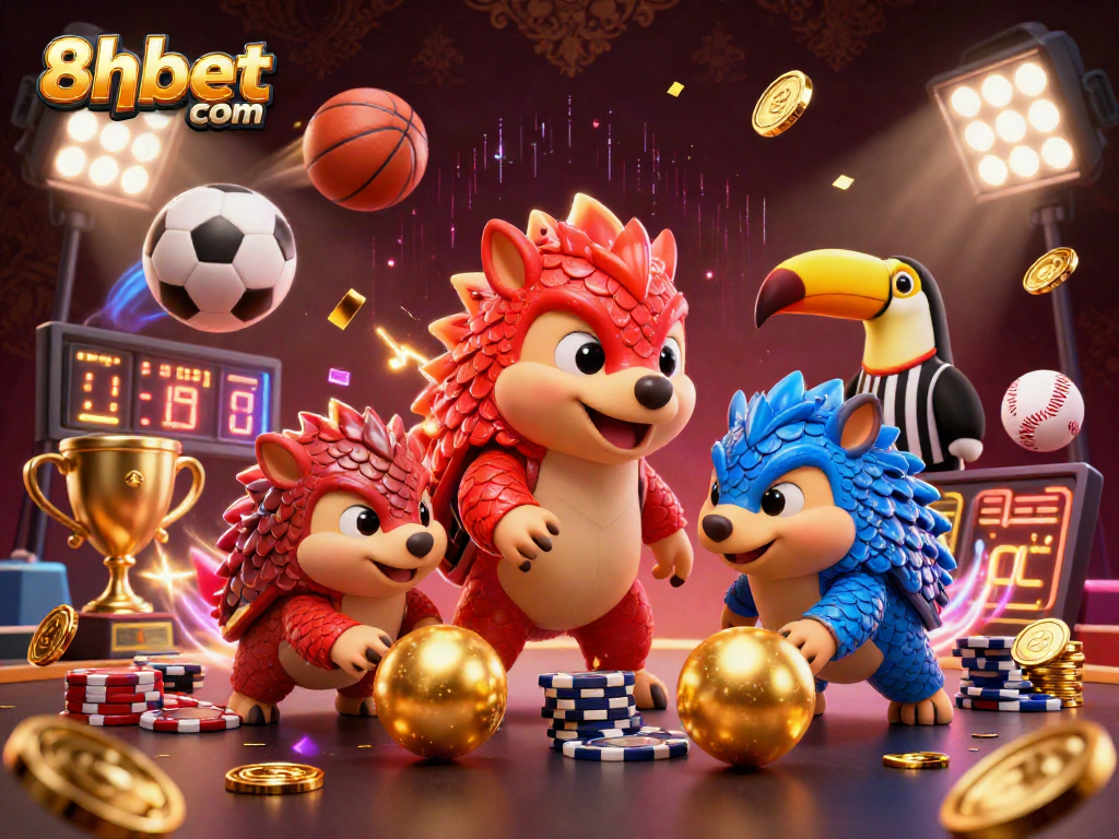 Engage with exciting games at 8xbet com, featuring rival pangolins in an action-packed casino scene.