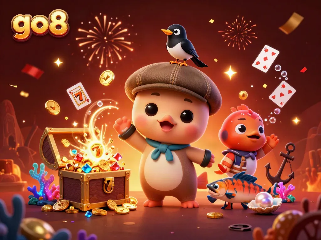 Spin to win with the go 8: A vibrant 3D scene filled with exciting casino elements and playful characters.