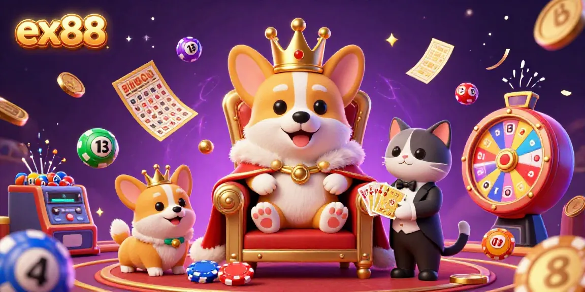 Experience the excitement of ex88 casino with a royal corgi and a bustling lottery scene bursting with energy.