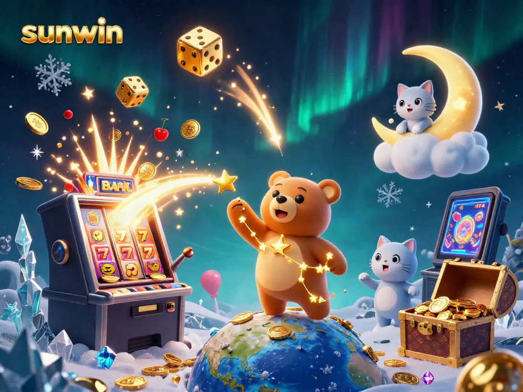 Experience the winning thrill of sunwin with a vibrant 3D casino scene featuring joyful gaming characters.