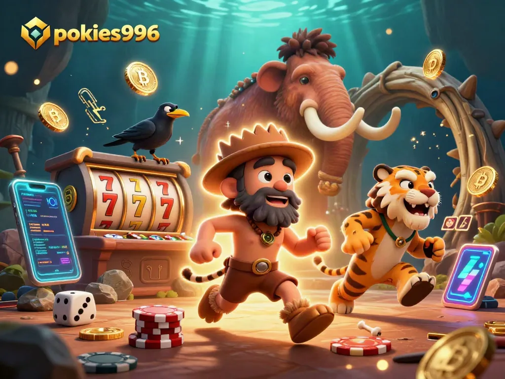 Experience pokies996 with a lively 3D casino scene featuring a caveman and sabertooth tiger excitement.