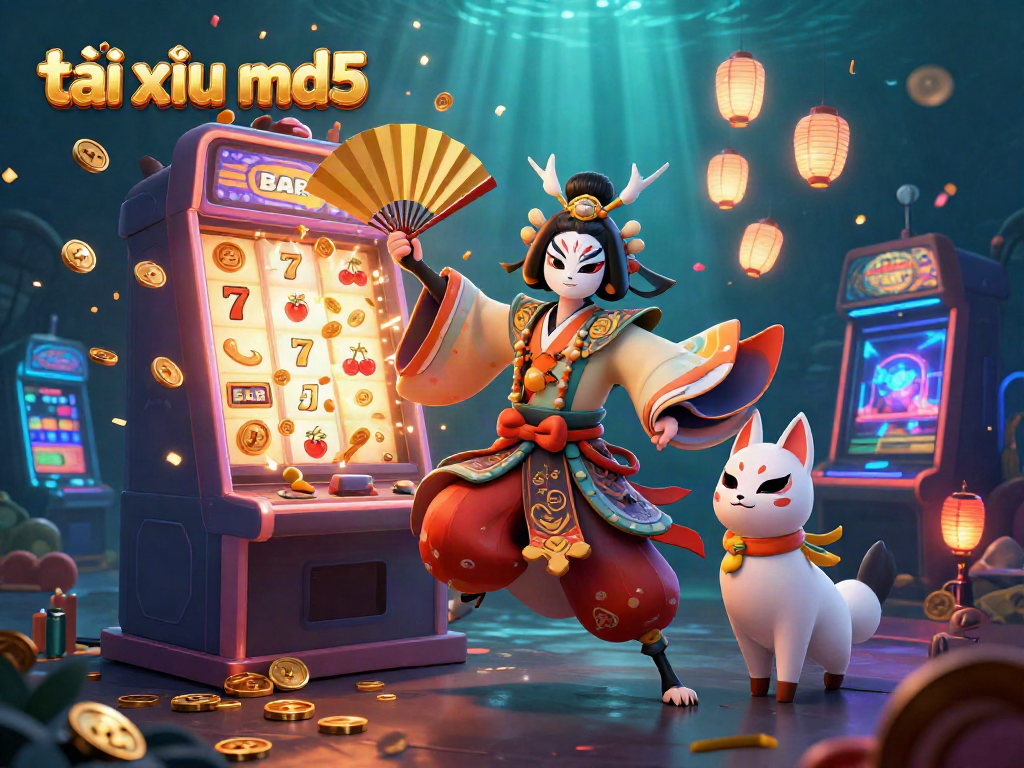Experience the vibrant excitement of tài xỉu md5 with this colorful casino scene featuring kabuki warriors and slot machines.