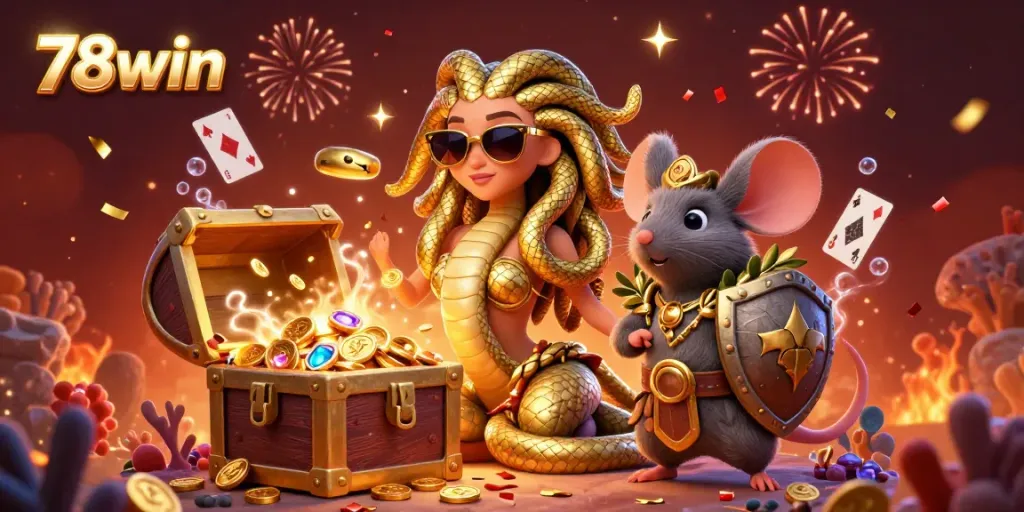 Experience the excitement of 78win with a vibrant 3D illustration featuring lively game elements.