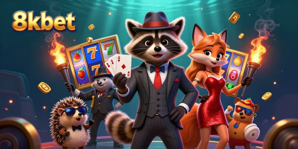 Experience the vibrant gameplay at 8xbet with dynamic slot reels and engaging characters in a lively casino setting.
