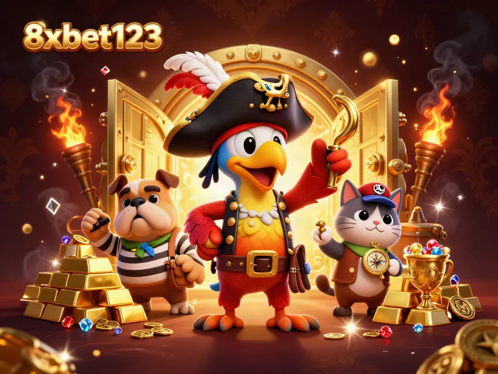 Experience thrilling adventures with 8xbet123 as a pirate crew discovers treasure in this vibrant illustration.