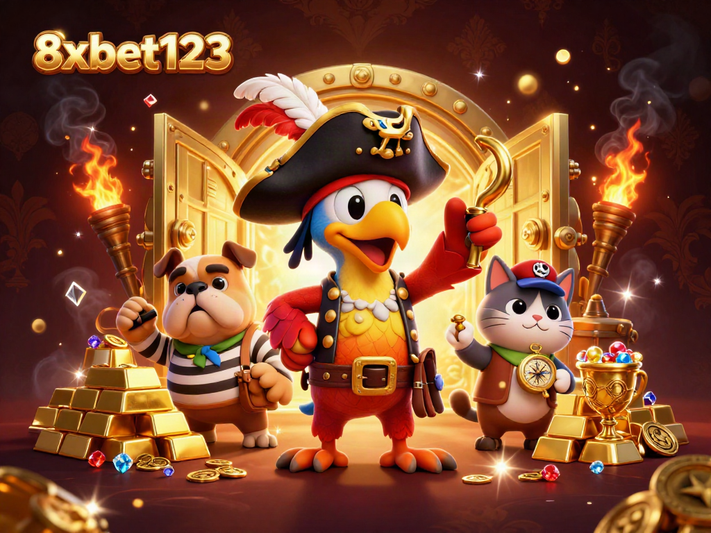 Experience thrilling adventures with 8xbet123 as a pirate crew discovers treasure in this vibrant illustration.