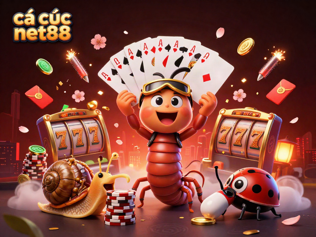 Cá cược net88 offers dynamic excitement with a colorful illustration of casino games and characters.