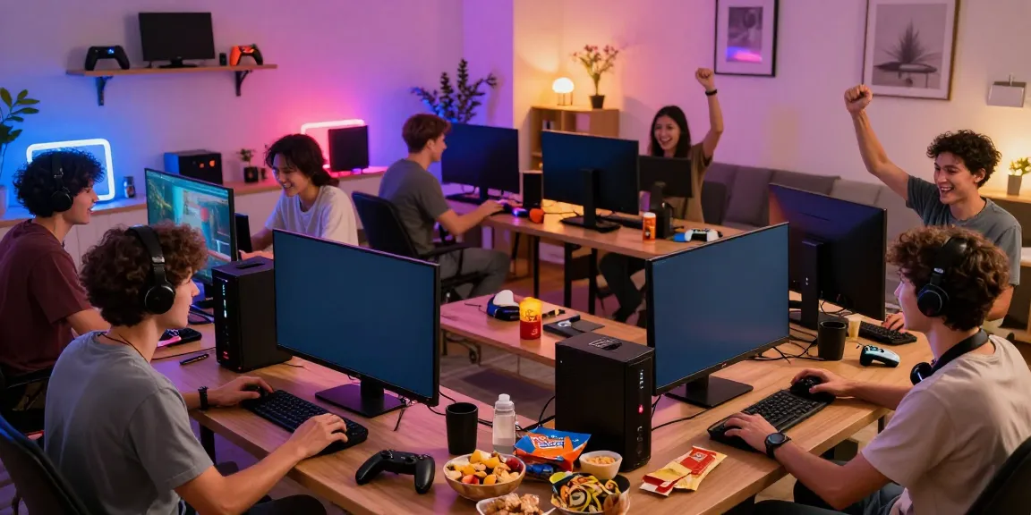 Exciting gamers enjoying kilat404 multiplayer games in a vibrant living room.