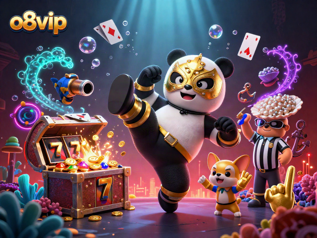 Experience thrilling slot action with o8vip - a panda wrestler and wild animal fans.