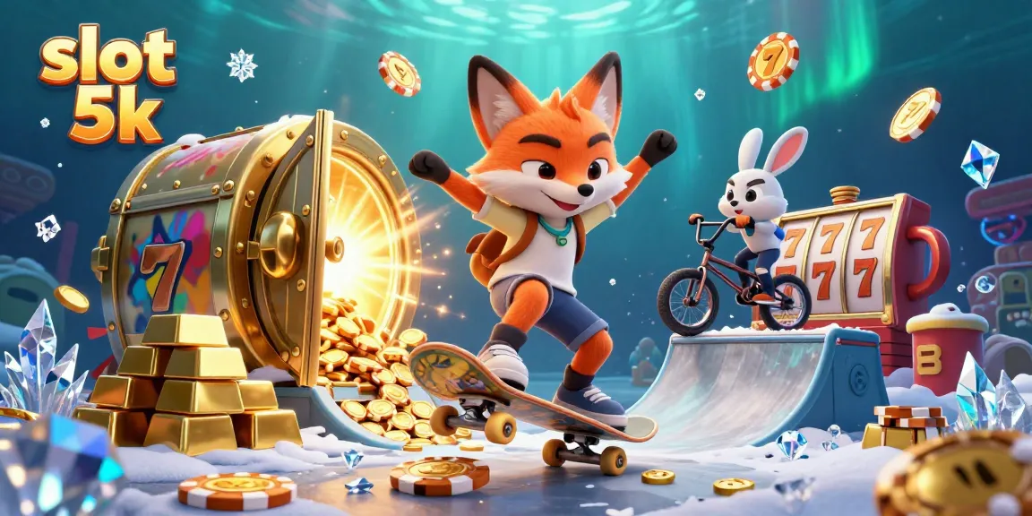 Experience the thrill of slot 5k with a vibrant 3D scene of a skateboarder fox and BMX-riding rabbit amidst golden treasures.