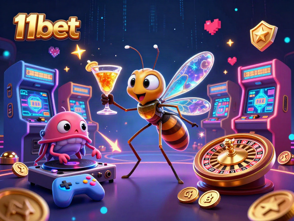Play exciting games with 11bet, featuring vibrant characters, a roulette wheel, and arcade machines.