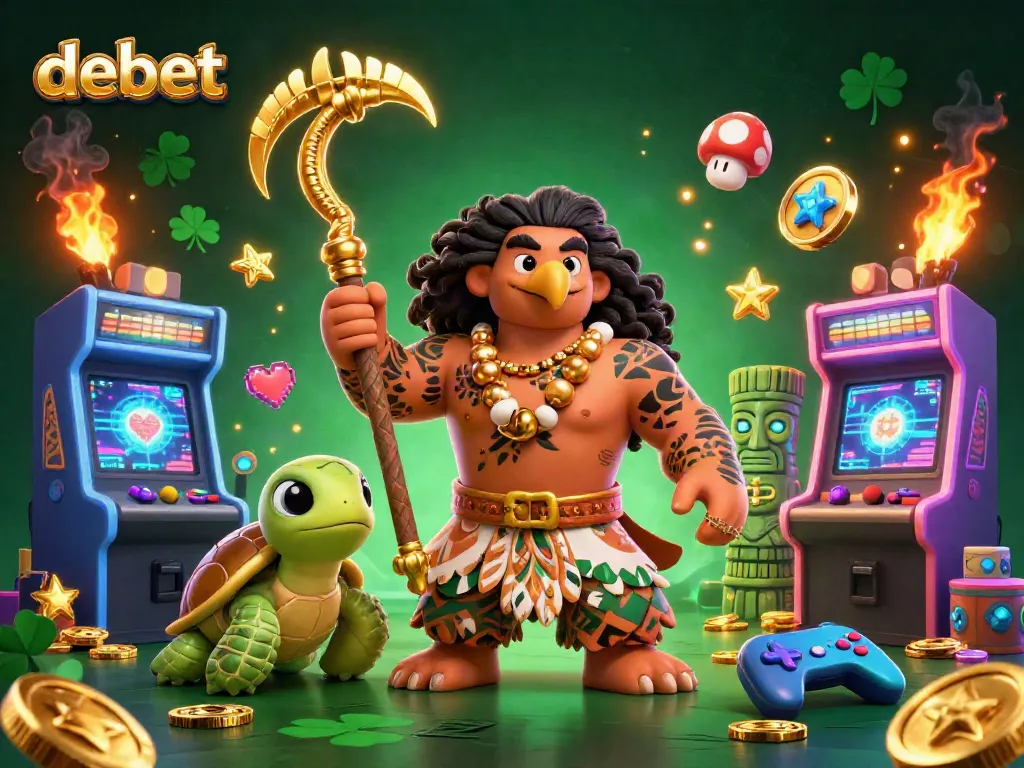 Engage with Debet’s vibrant casino experience through a playful 3D illustration featuring dynamic game elements.
