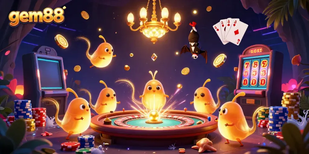 Experience thrilling gaming with gem88's vibrant casino atmosphere featuring lively cartoon characters.