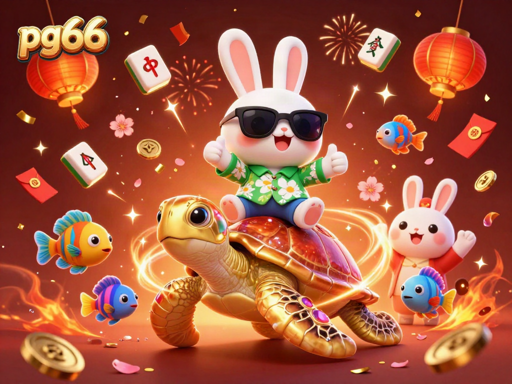 Engage with pg66's vibrant 3D illustration of a lucky rabbit and golden turtle in a festive casino setting.