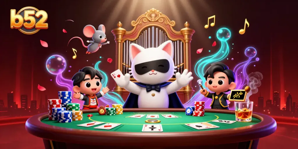 Engage with the b52 casino scene showcasing a phantom cat playing at a poker table amidst vibrant game elements.