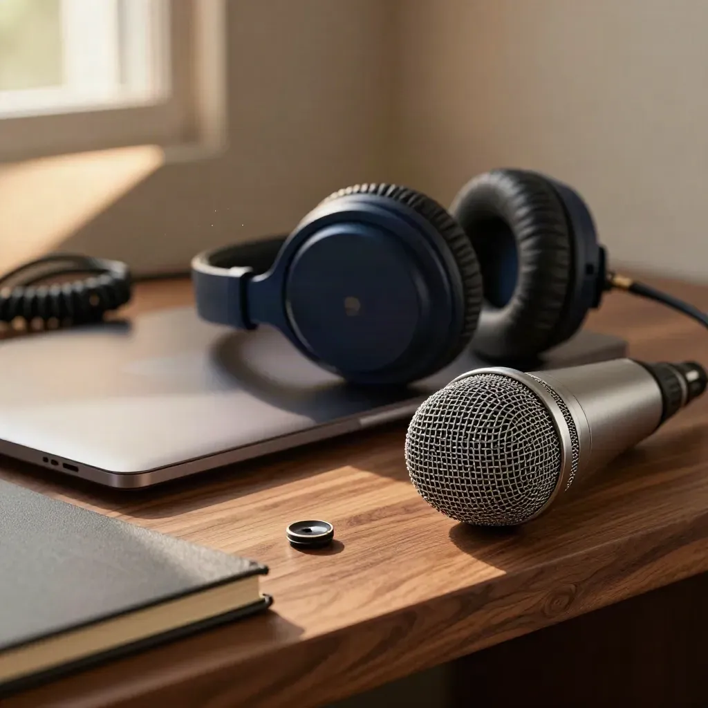 Zamknięty laptop, słuchawki, mikrofon USB, kabel i notes na ciepłej półce w świetle późnego popołudnia