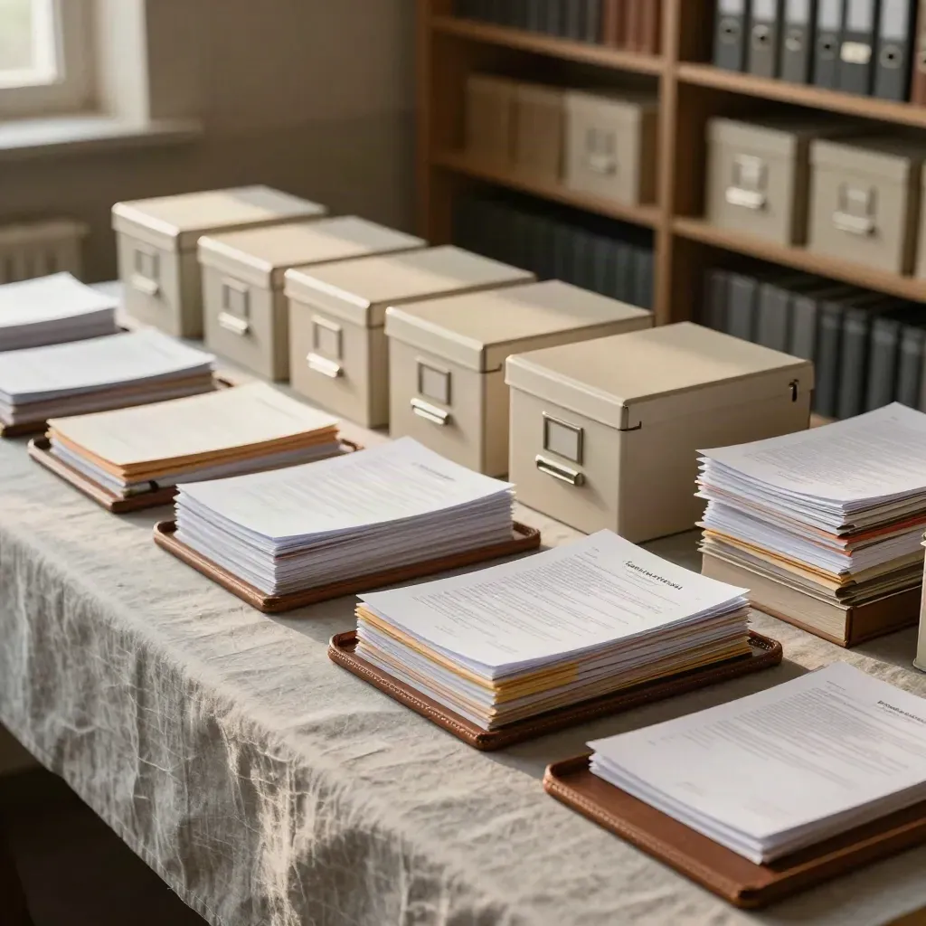 Ułożone akta i segregatory na jasnym biurku w archiwum prawniczym.