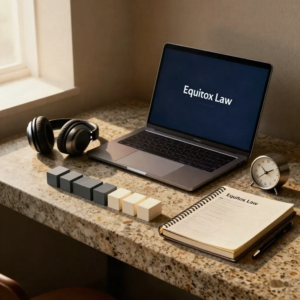 Ciemna, filmowa aranżacja: laptop, słuchawki, tygodniowe bloki, notes i timer na kamiennym blacie.