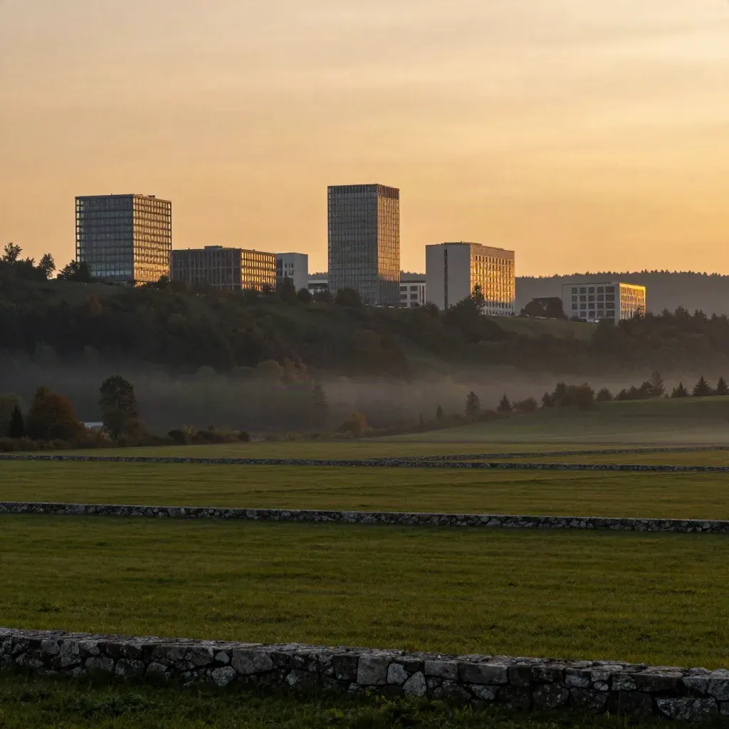 Śląski skyline nowoczesnej architektury nad zielonymi wzgórzami o zachodzie słońca