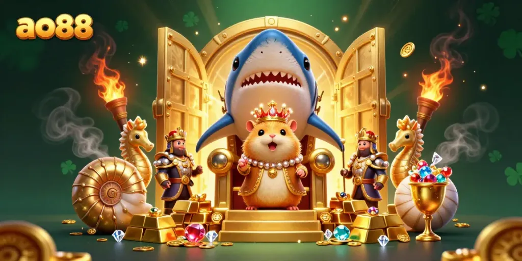 Experience the thrill of ao88 with vibrant characters and dazzling treasures in a rich casino scene.