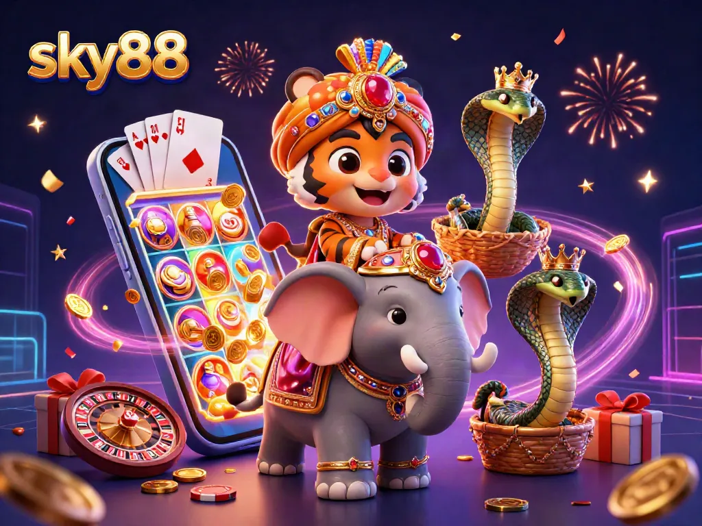 Engage with sky88's fun slots and games through this vibrant 3D casino illustration.