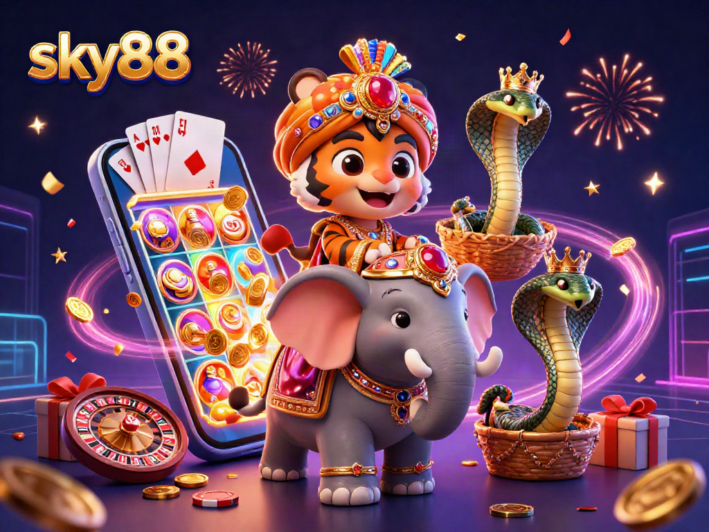Engage with sky88's fun slots and games through this vibrant 3D casino illustration.
