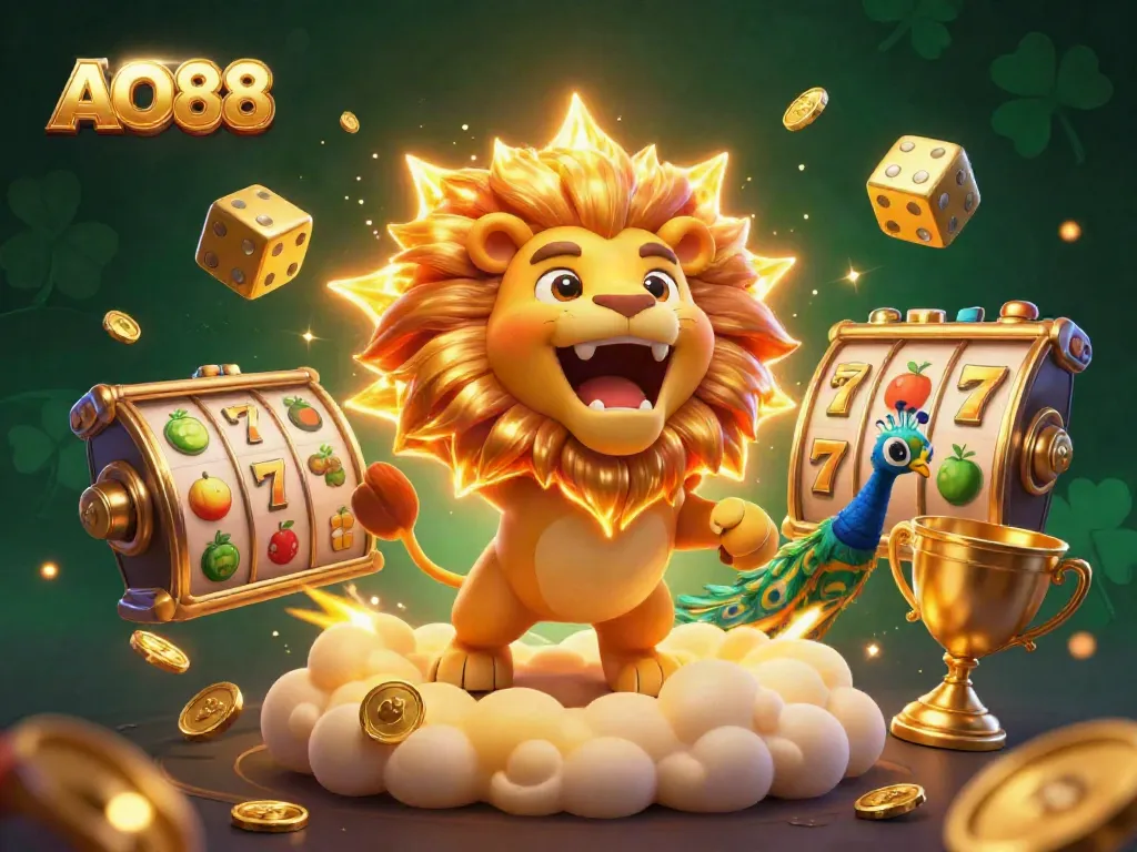 Experience casino fun with AO88's 3D cartoon lion, vibrant jackpot elements, and thrilling gaming action.