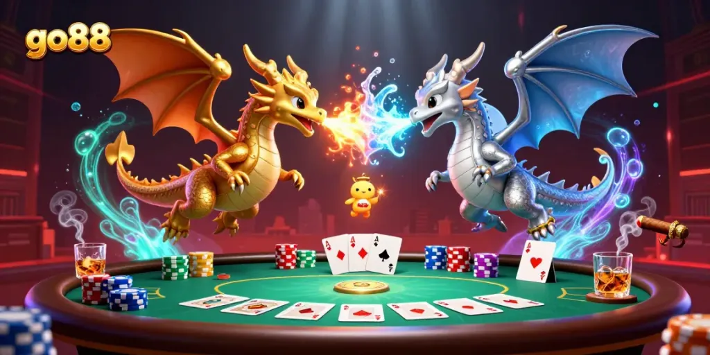 Win big at go88 in a thrilling dragon-themed casino scene filled with poker elements.