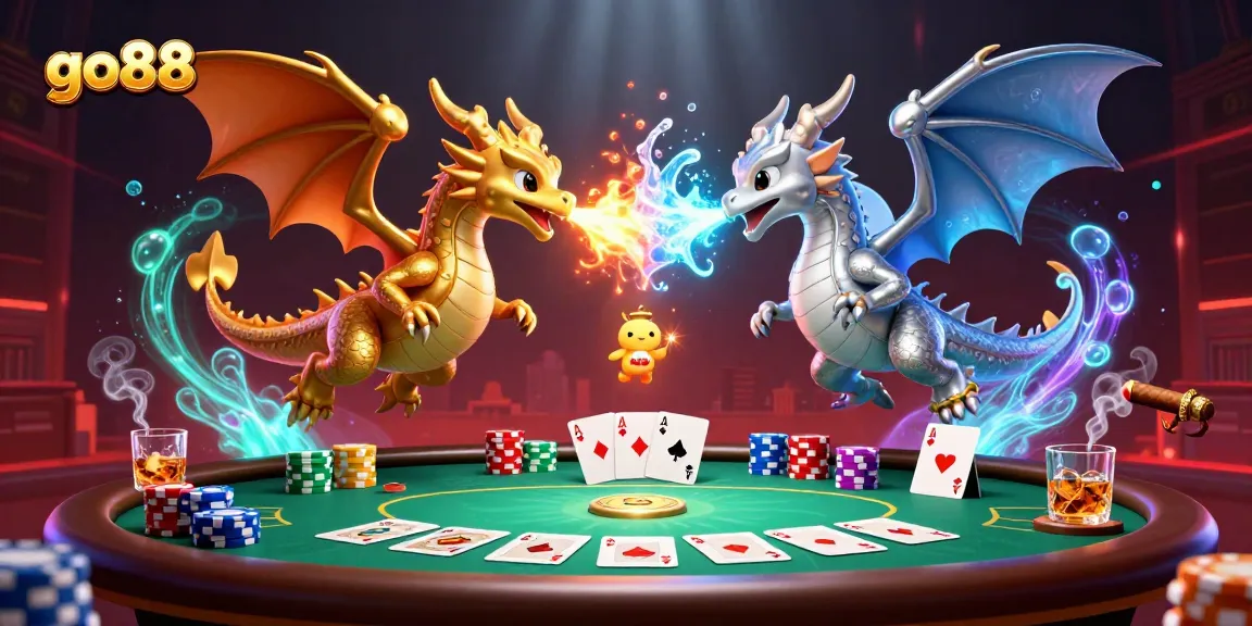 Win big at go88 in a thrilling dragon-themed casino scene filled with poker elements.
