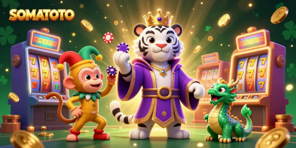 Experience the thrill of gaming with SOMATOTO in a vibrant casino scene featuring a royal tiger and playful monkey.