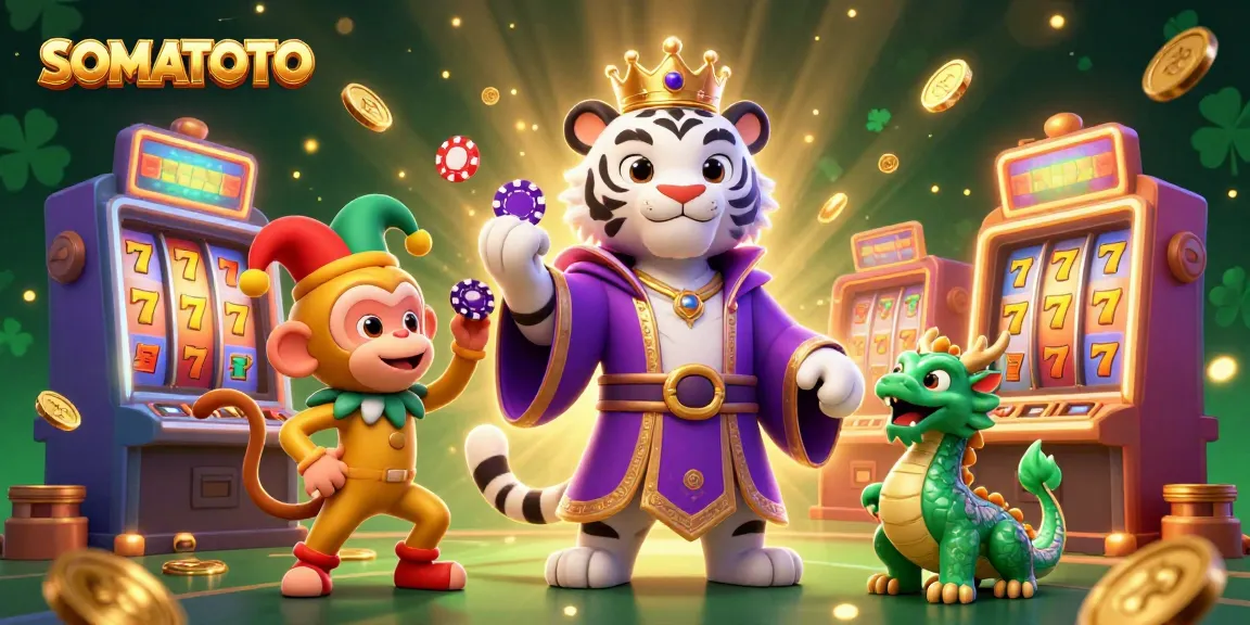 Experience the thrill of gaming with SOMATOTO in a vibrant casino scene featuring a royal tiger and playful monkey.