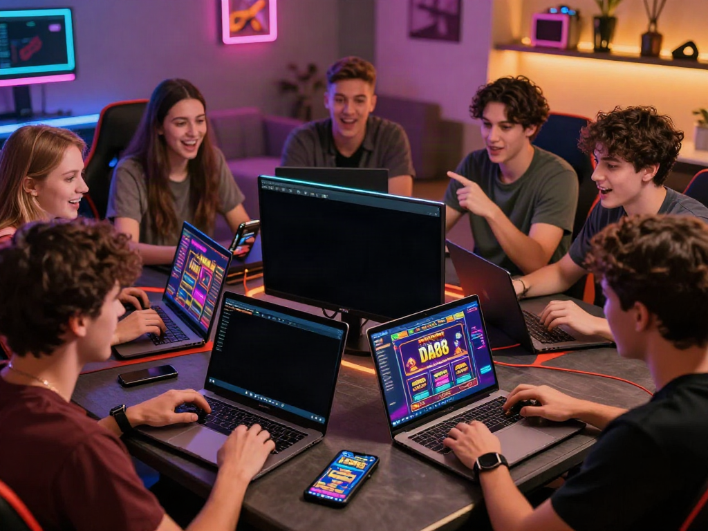 Friends enjoying DA88 online gaming experience together, showcasing vibrant gaming screens.