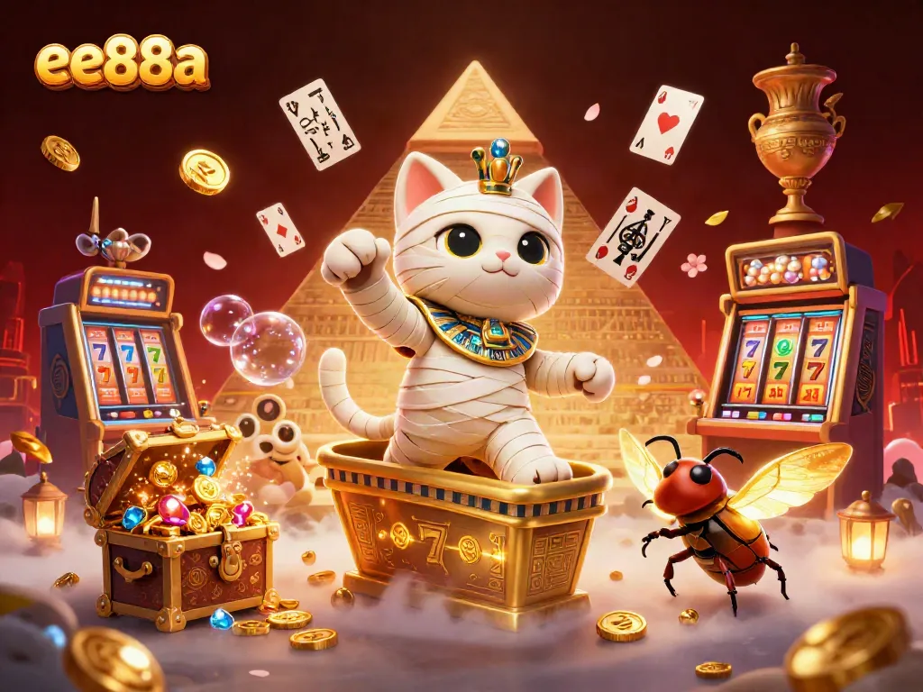 Play and win with ee88a in a vibrant 3D casino scene filled with dynamic slot machines and treasures.