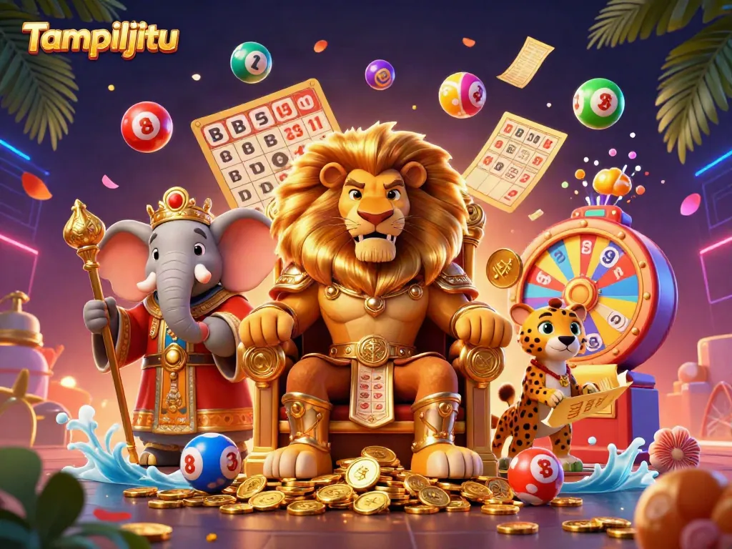 Tampiljitu brings thrilling lottery excitement with a lion king, elephant advisor, and cheetah messenger in vibrant action.