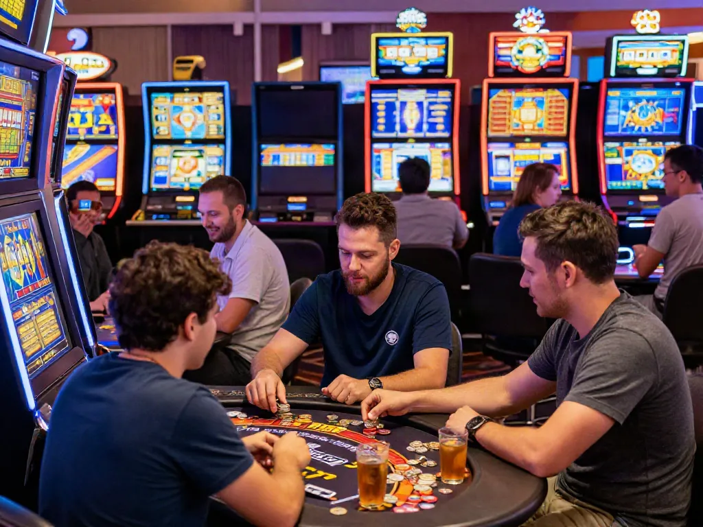 Exciting scene of diverse players enjoying slot gacor hari ini with bright machines and lively casino atmosphere.