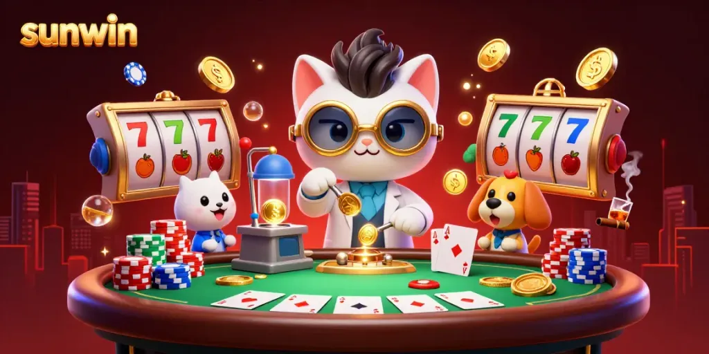 Engage in casino thrills with sunwin, where a mad scientist cat and assistant create jackpots amidst vibrant slot symbols.