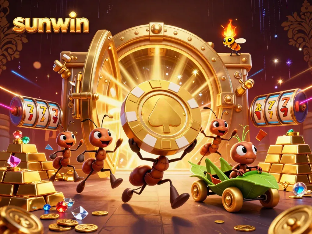 Ants heist scene with sunwin casino themes, showcasing golden poker chip and slot reels.