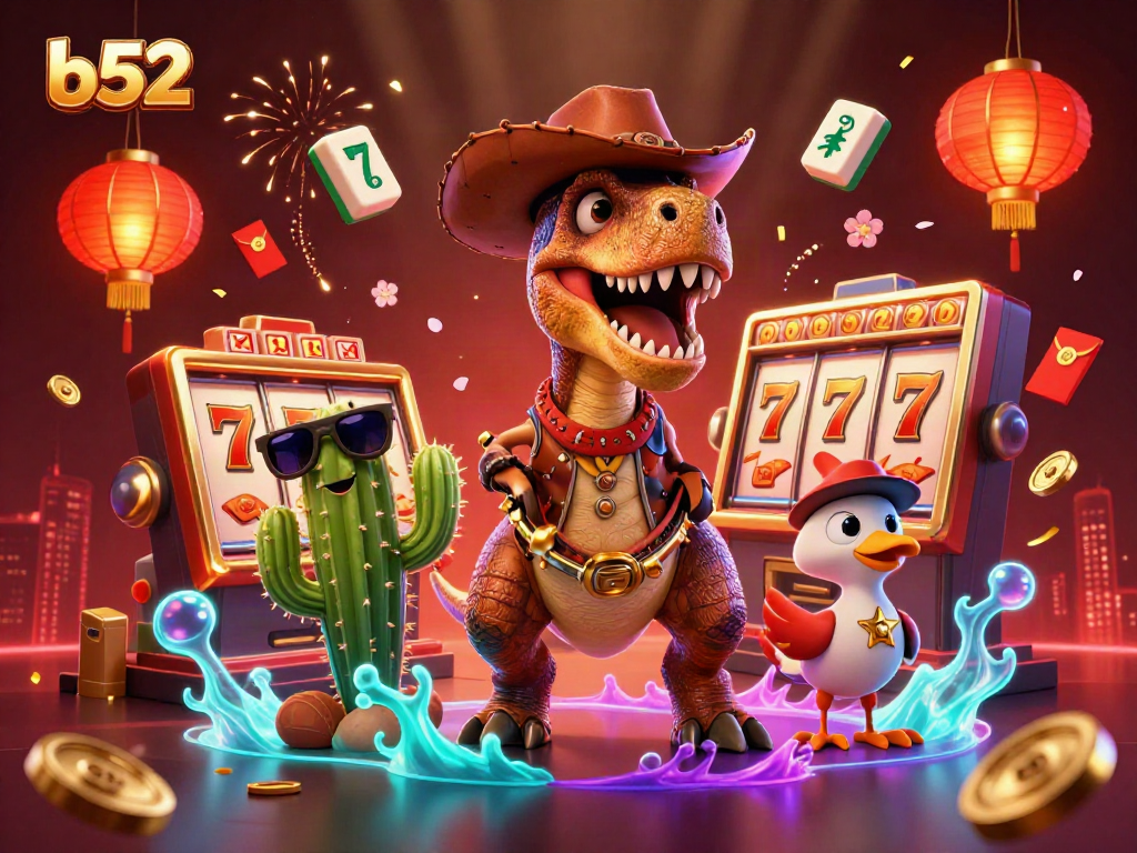 Spin the reels at b52 with a playful T-Rex and vibrant casino elements surrounding them.
