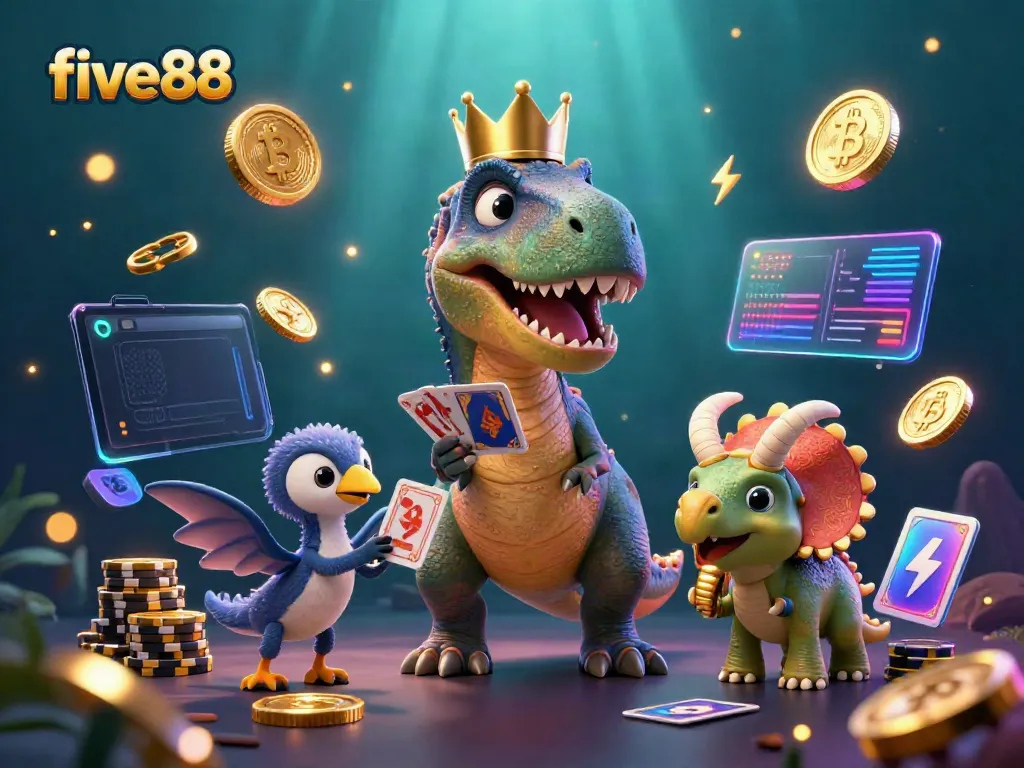 Experience the thrilling casino atmosphere at five88 with cartoon dinosaurs and colorful gaming elements.