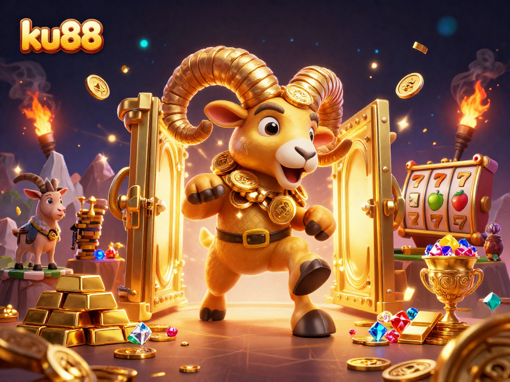 Win big with ku88: A golden ram charging through a vibrant casino landscape filled with treasures.