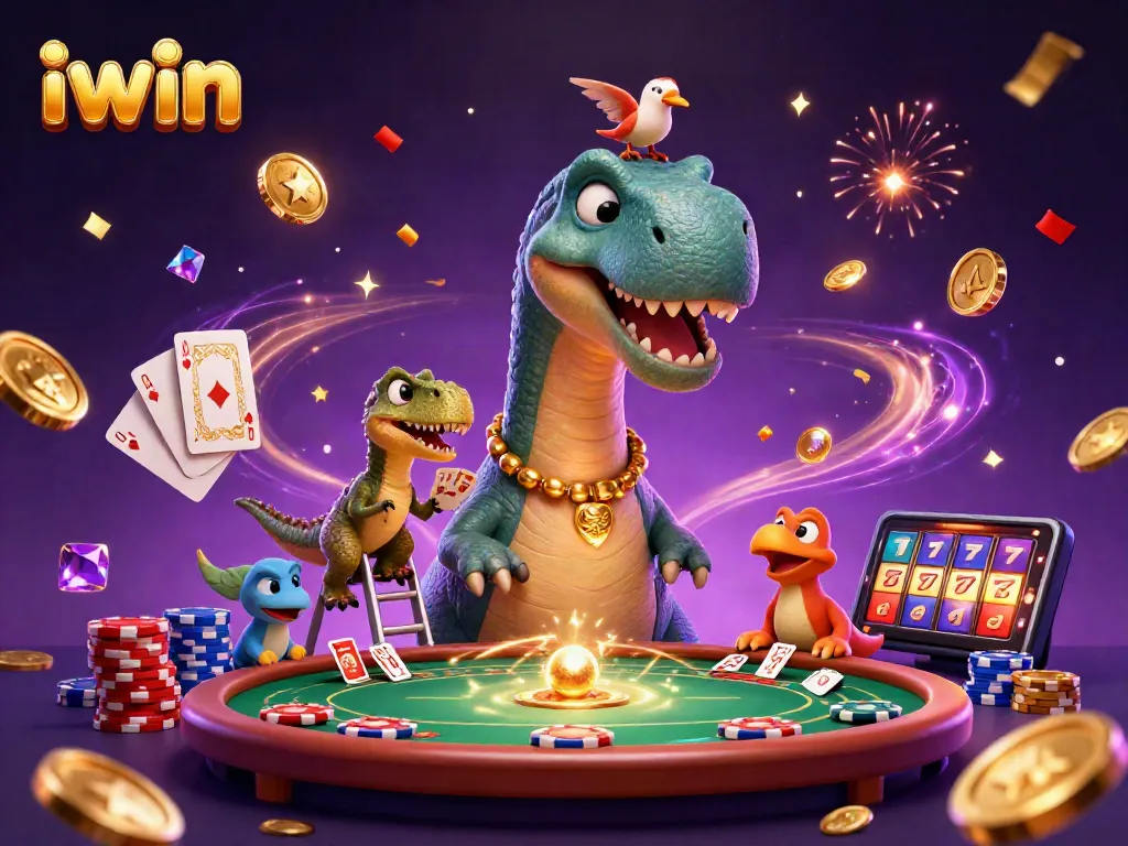 iwin brings excitement with a brontosaurus and raptor amid casino games and vibrant action.