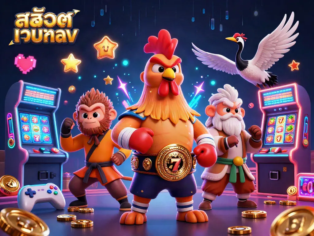 Engage with สล็อตเว็บตรง in this vibrant 3D illustration showcasing an action-packed casino scene.