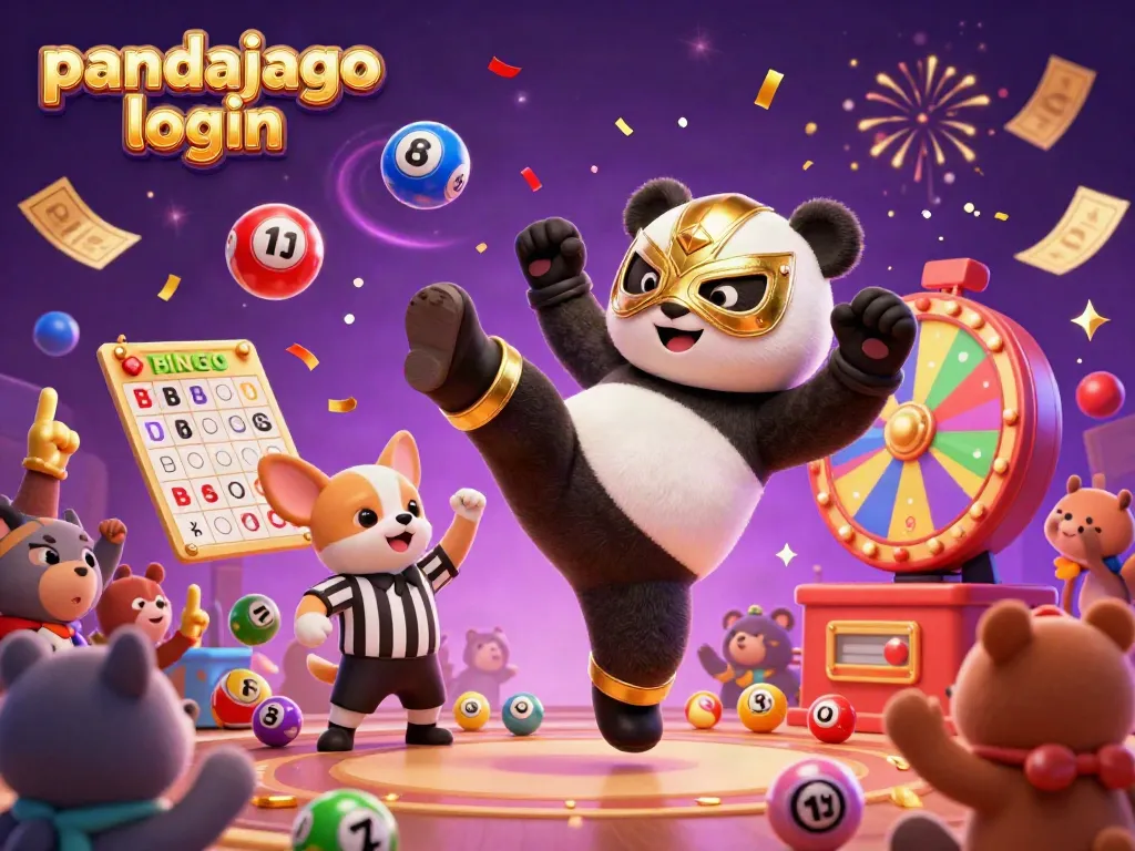 Mengaktifkan akses pandajago login dengan suasana kasino meriah berisi panda bertarung, bulatan lotere, dan uang bersinar.